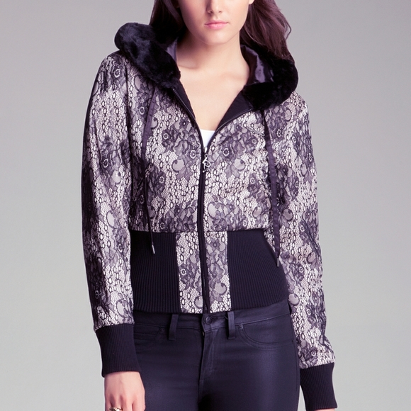 Rare Limited Edition Bebe Lace Up Corset Bonded Lace Puffer Jacket - Picture 2 of 9